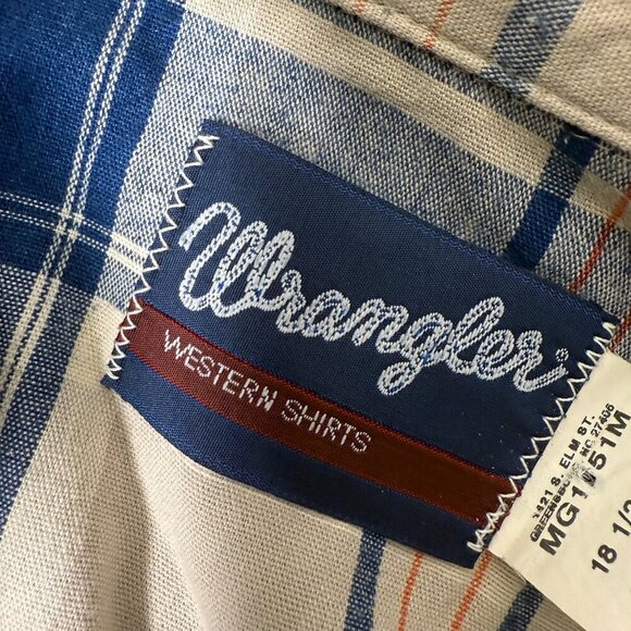 Wrangler Men's Long Sleeve Pearl Snap Blue & Cream Plaid Shirt 18 1/2 x 36 - Picture 6 of 11